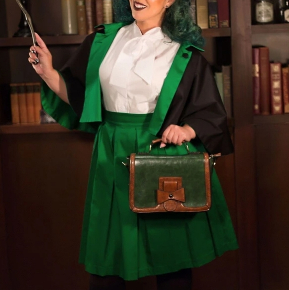 Set of MAGICALLY MADE PINUP COLLECTION GREEN SATEEN PINAFORE SKIRT with Cape